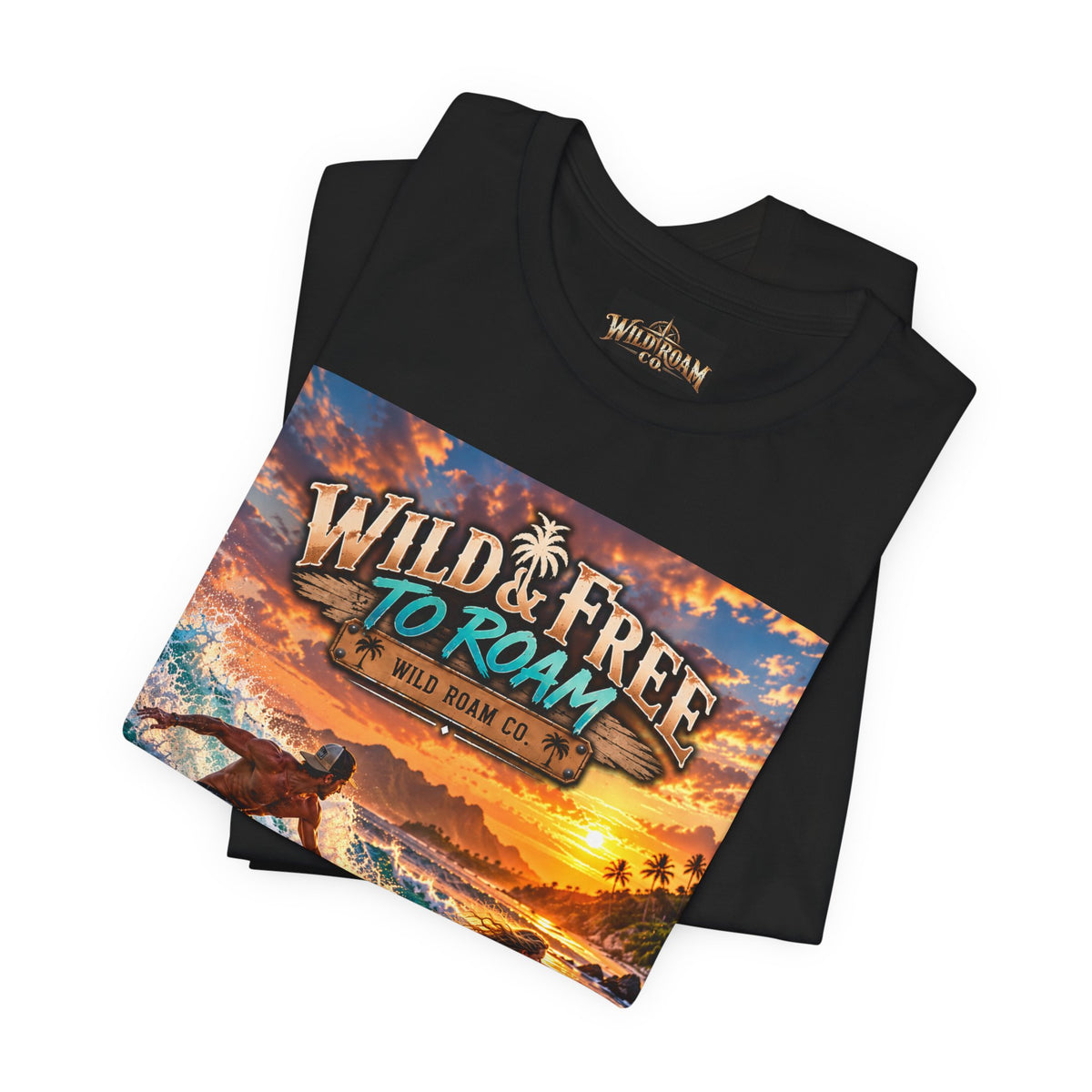 Surfing Sunset T‑Shirt — "Wild & Free to Roam" Beach Graphic Tee
