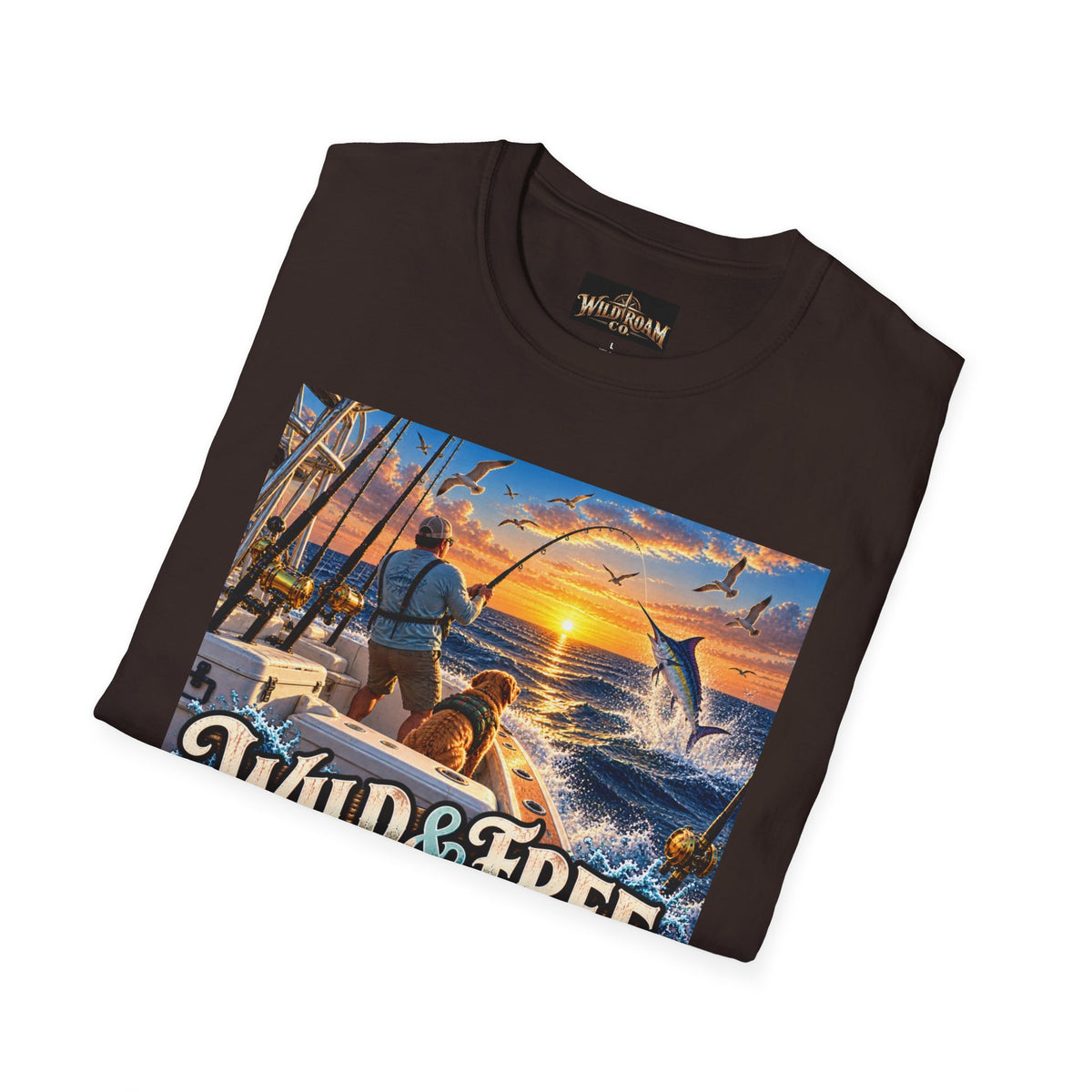 Wild & Free to Roam Fishing T-Shirt — Ocean Sunset Angler Tee