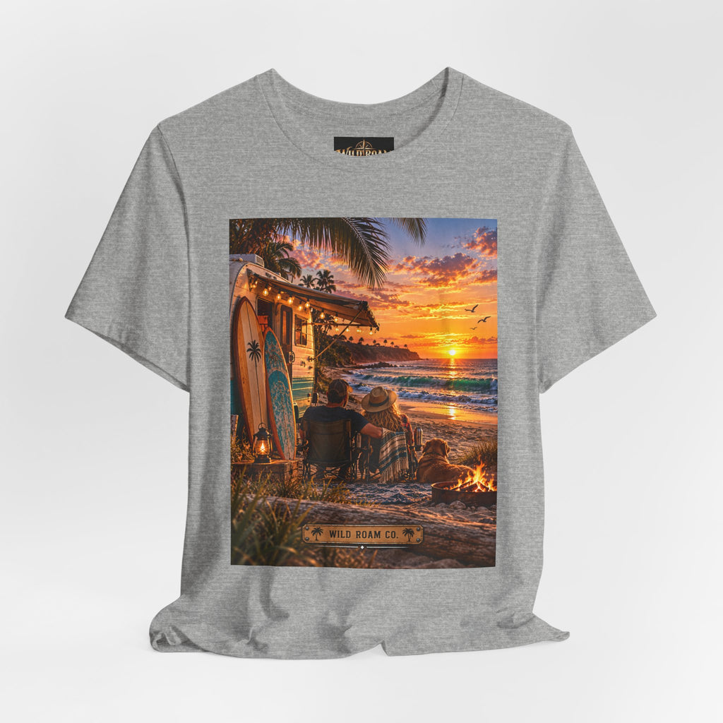 Sunset Surf Camp Tee — Beach Sunset Couple Graphic T-Shirt