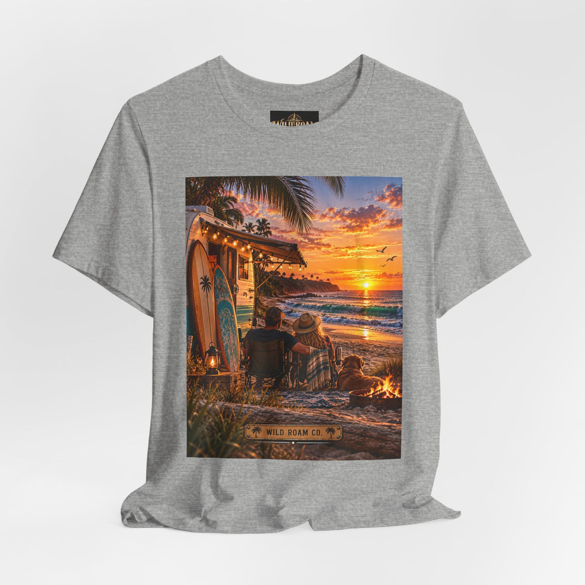 Sunset Surf Camp Tee — Beach Sunset Couple Graphic T-Shirt