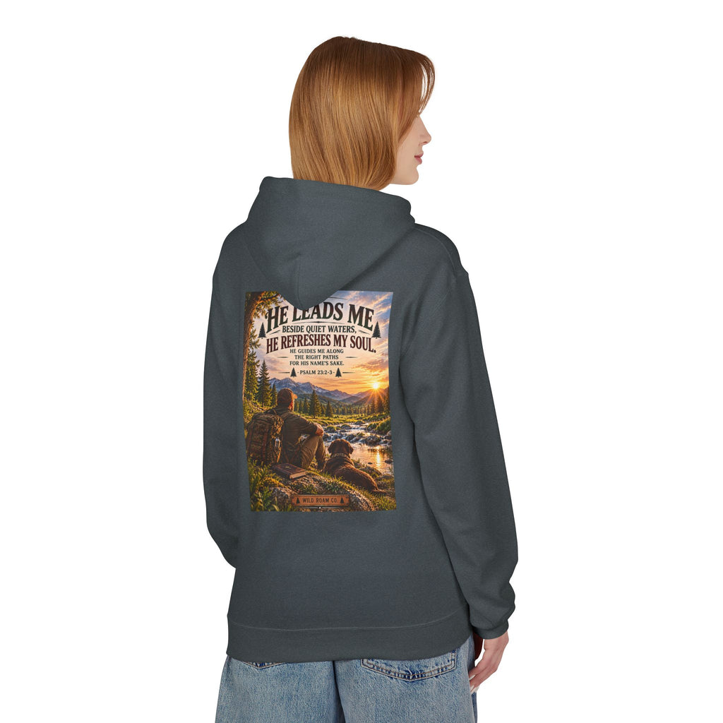 Men's Hoodie — "He Leads Me" Scenic Christian Outdoors Hoodie