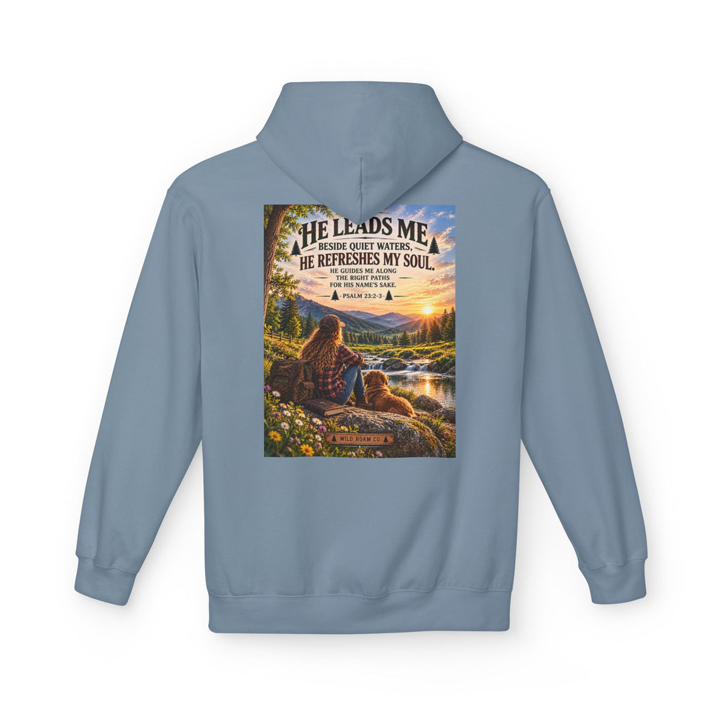 Women's Wild Roam Co. Scenic Hoodie — "He Leads Me Beside Quiet Waters" Inspirational Nature Pullover