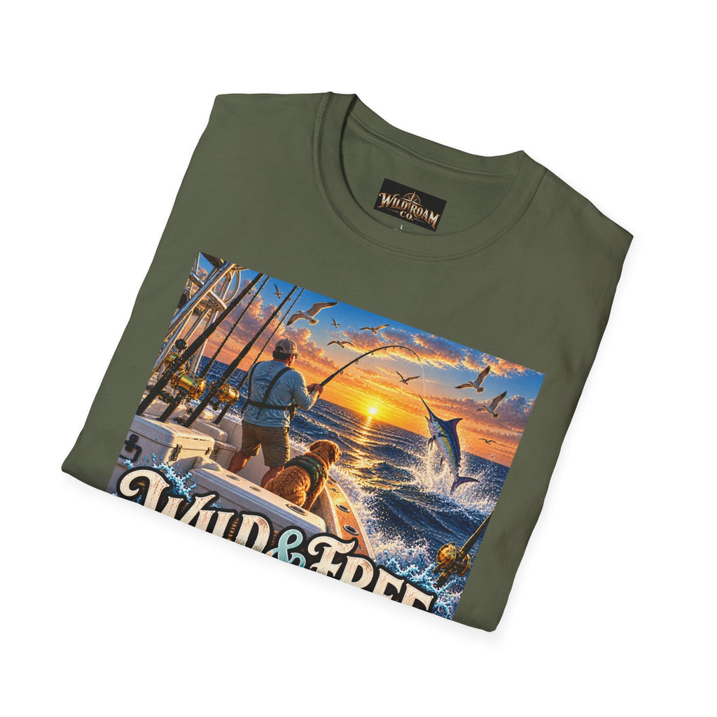 Wild & Free to Roam Fishing T-Shirt — Ocean Sunset Angler Tee