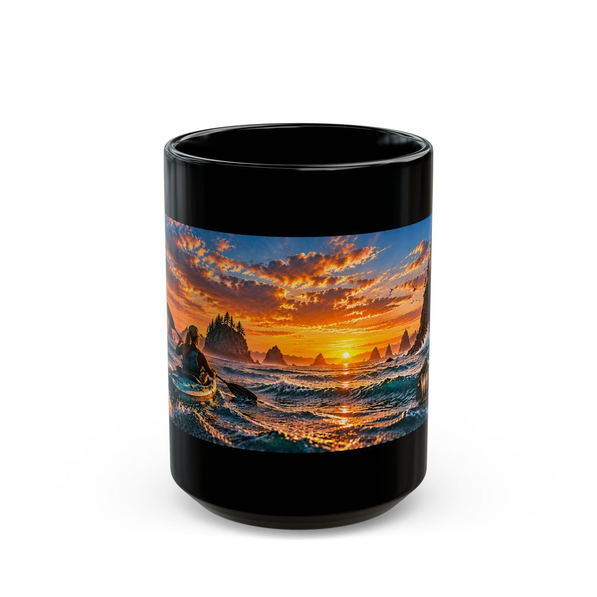 Sunset Coastal Arch Black Mug – WildDream Co. Scenic Ocean Sunrise Coffee Cup (11oz/15oz)