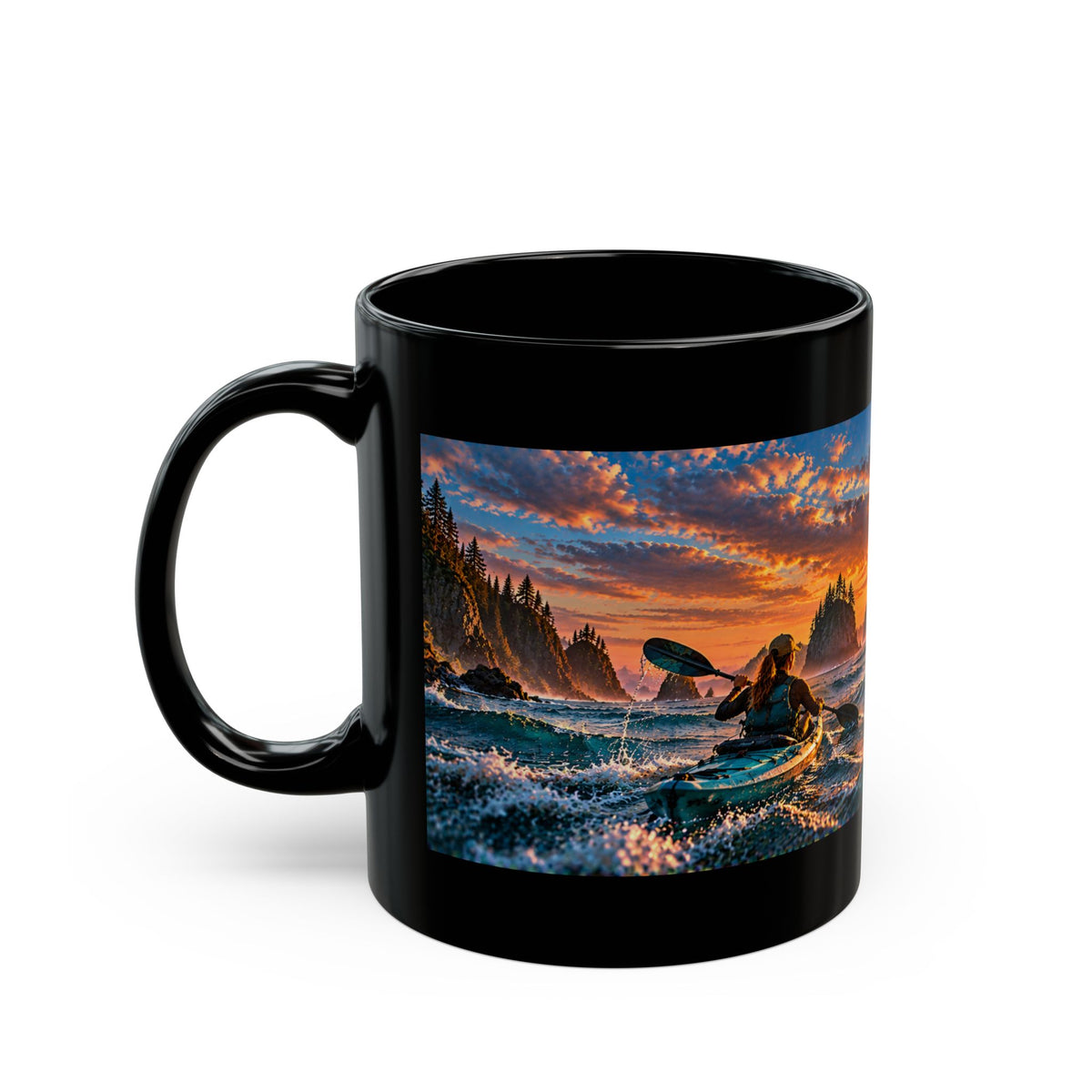 Sunset Coastal Arch Black Mug – WildDream Co. Scenic Ocean Sunrise Coffee Cup (11oz/15oz)