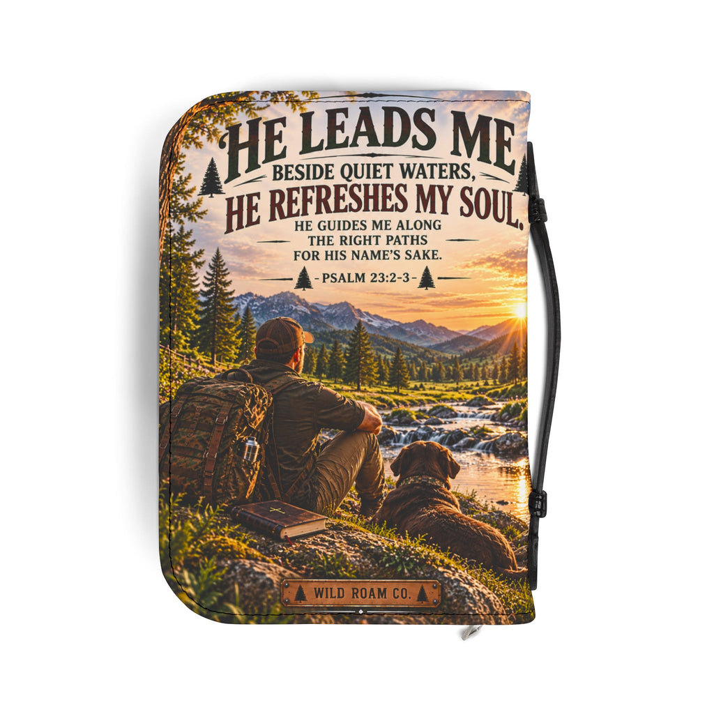 Women's Bible Cover — "He Leads Me Beside Quiet Waters" Psalm 23:2-3 Inspiring Outdoors Design