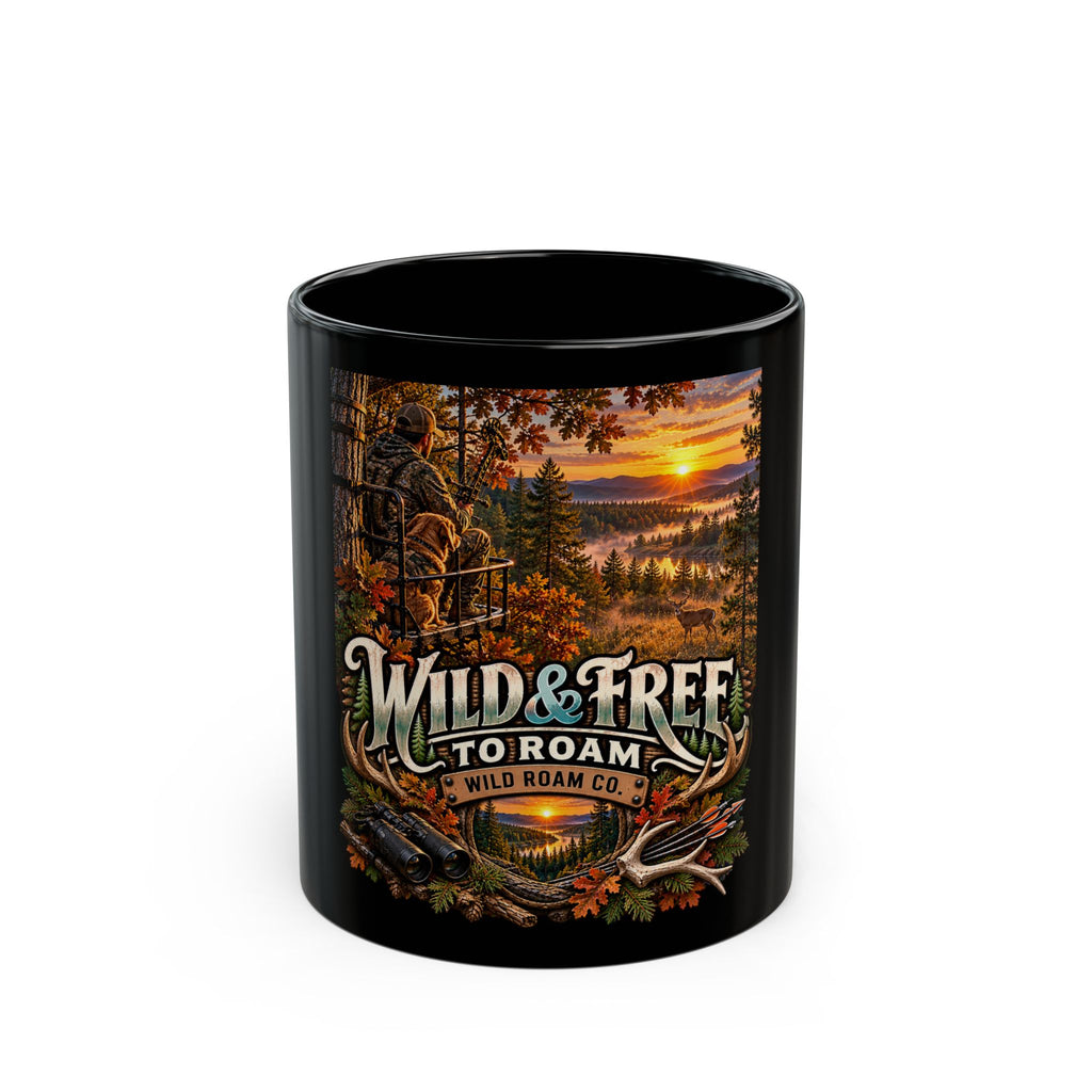 Wild & Free to Roam Black Coffee Mug — Deer Stand Rustic Hunting Sunset 11oz/15oz