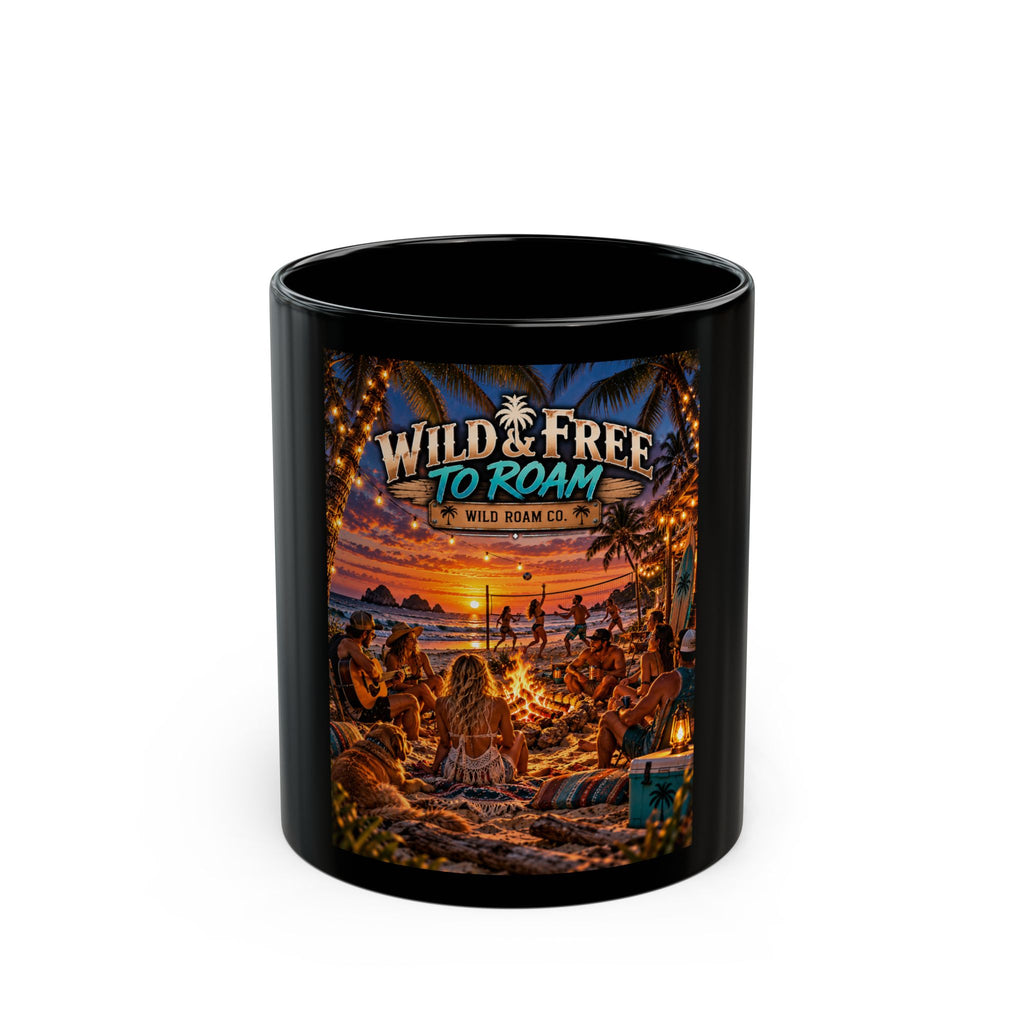 Wild & Free to Roam Black Mug — Tropical Sunset Beach Camp Coffee Cup (11oz/15oz)