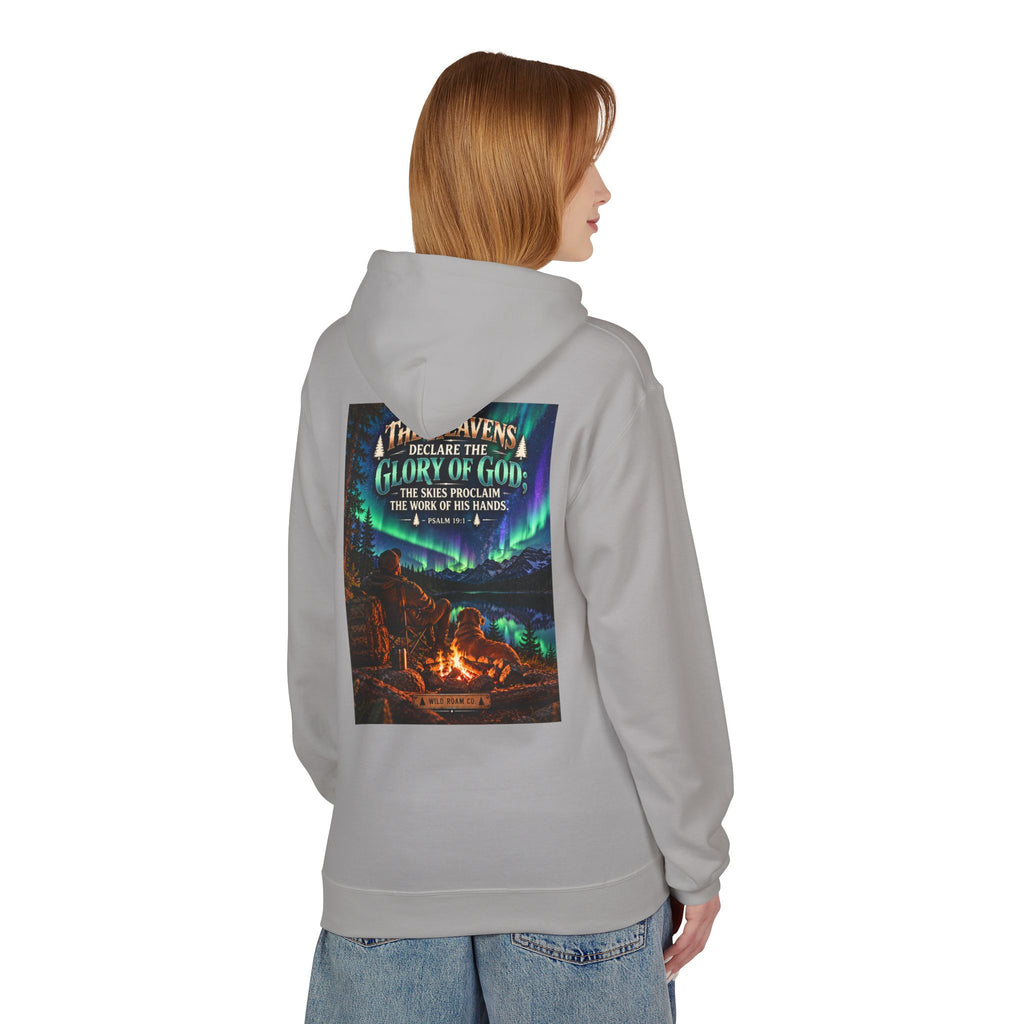 Men's Wilderness Campfire Hoodie — "The Heavens Declare" Scenic Christian Adventure Pullover