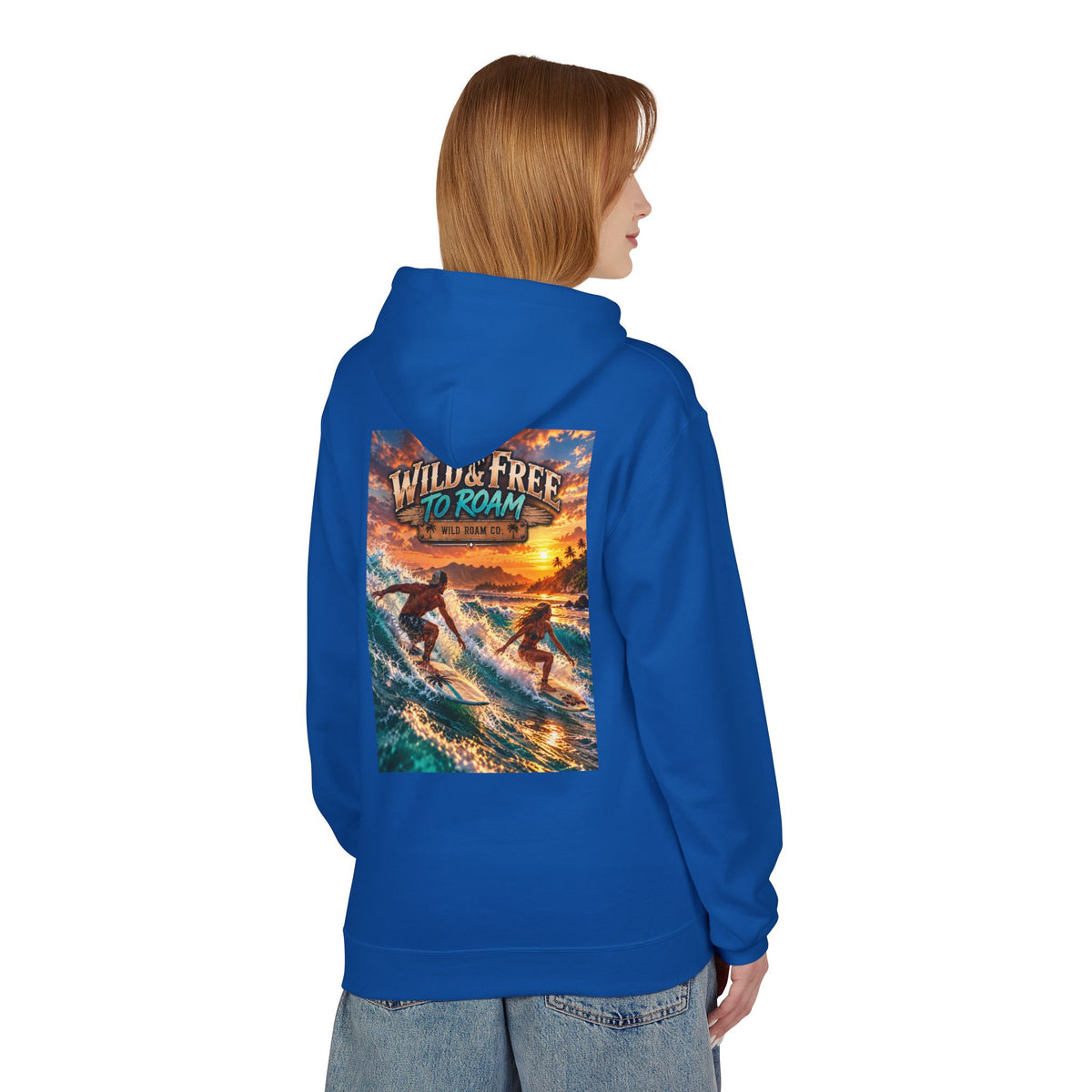 Surf Adventure Hoodie — "Wild & Free to Roam" Sunset Surf Graphic