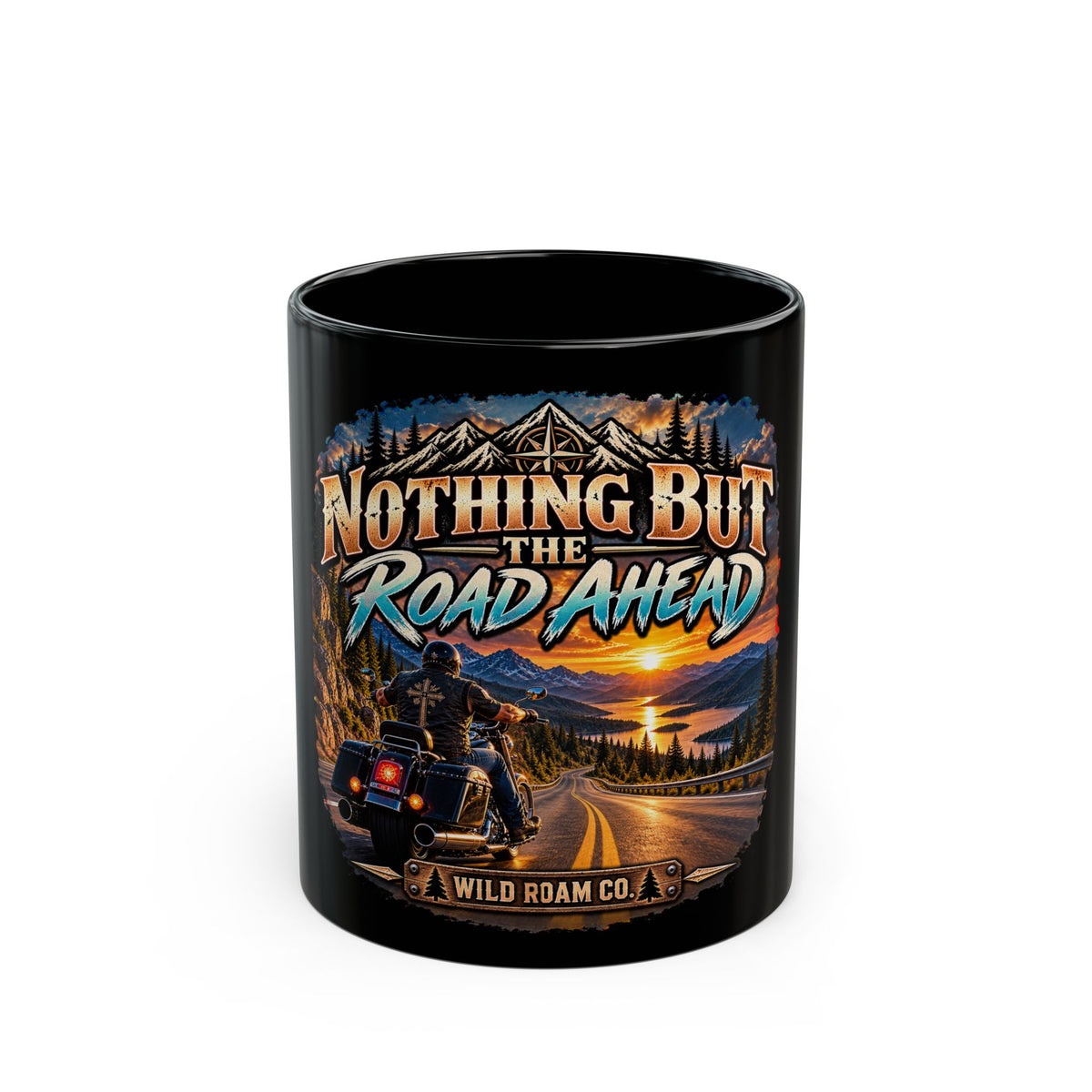 Men’s Motorcycle Mug — "Nothing But the Road Ahead" Scenic Biker Coffee Cup (11oz/15oz)