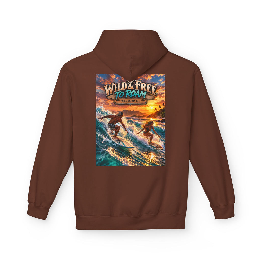 Surf Adventure Hoodie — "Wild & Free to Roam" Sunset Surf Graphic