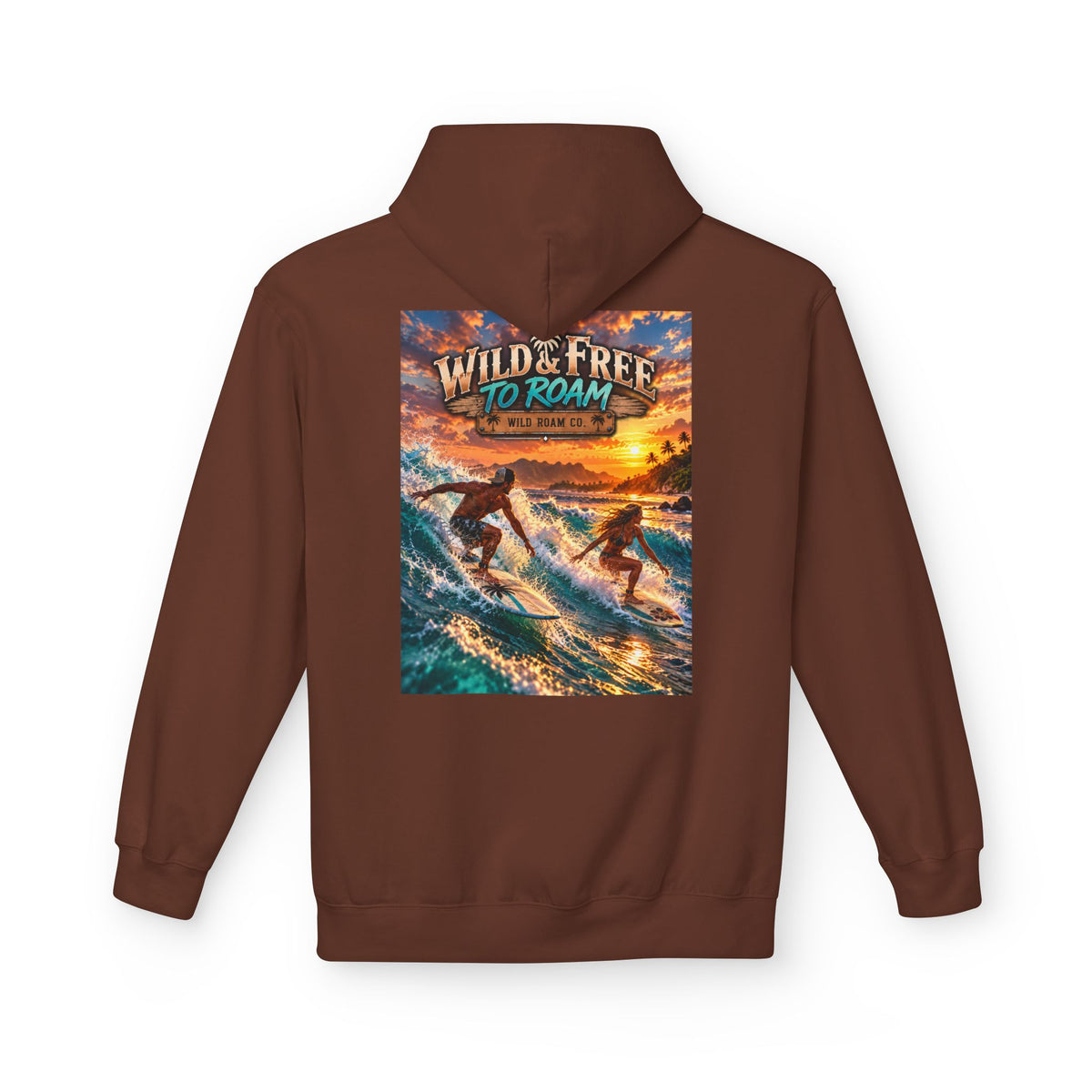 Surf Adventure Hoodie — "Wild & Free to Roam" Sunset Surf Graphic