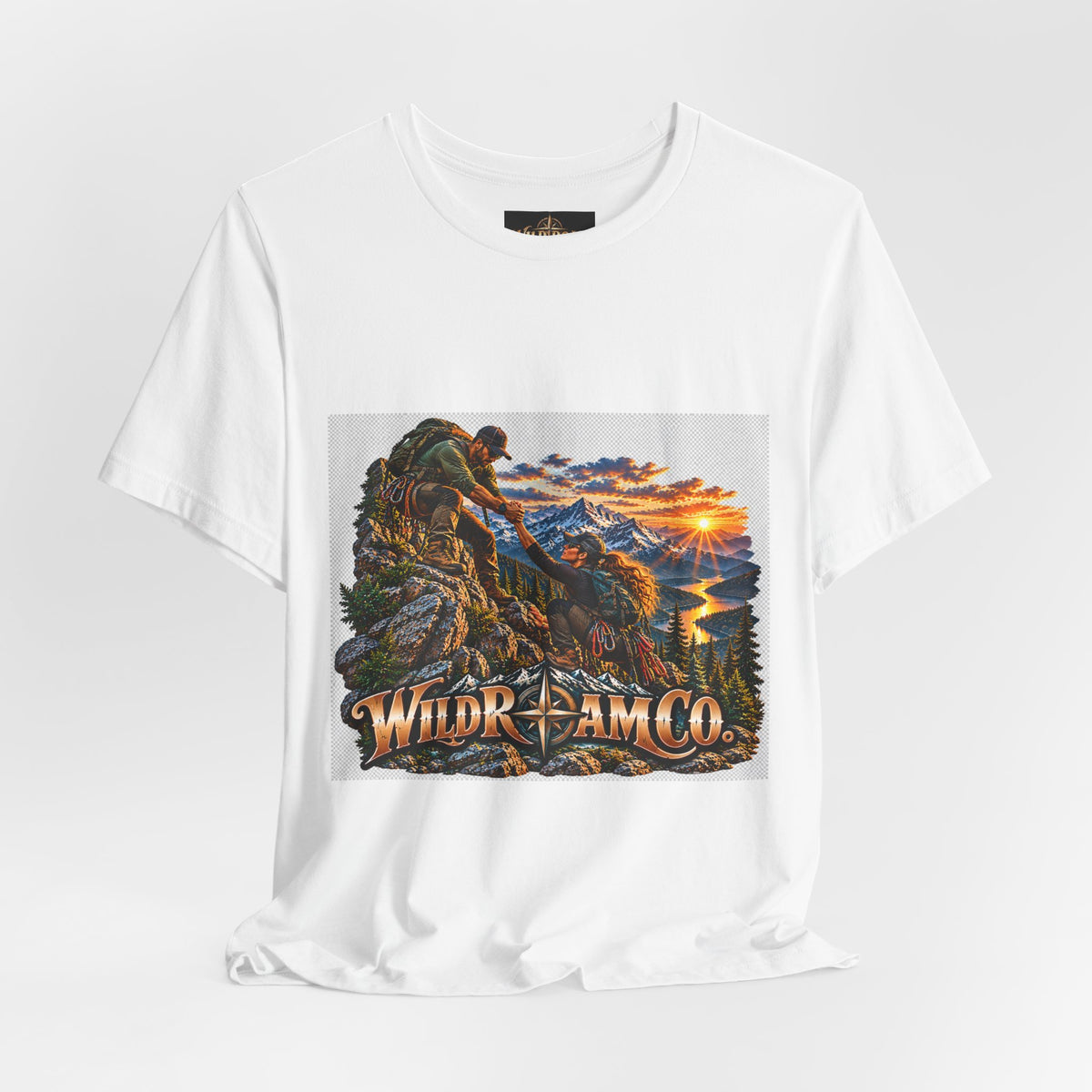Couple Helping Hand Graphic Tee — Wild Roam Co. Mountain Climber Sunset T‑Shirt