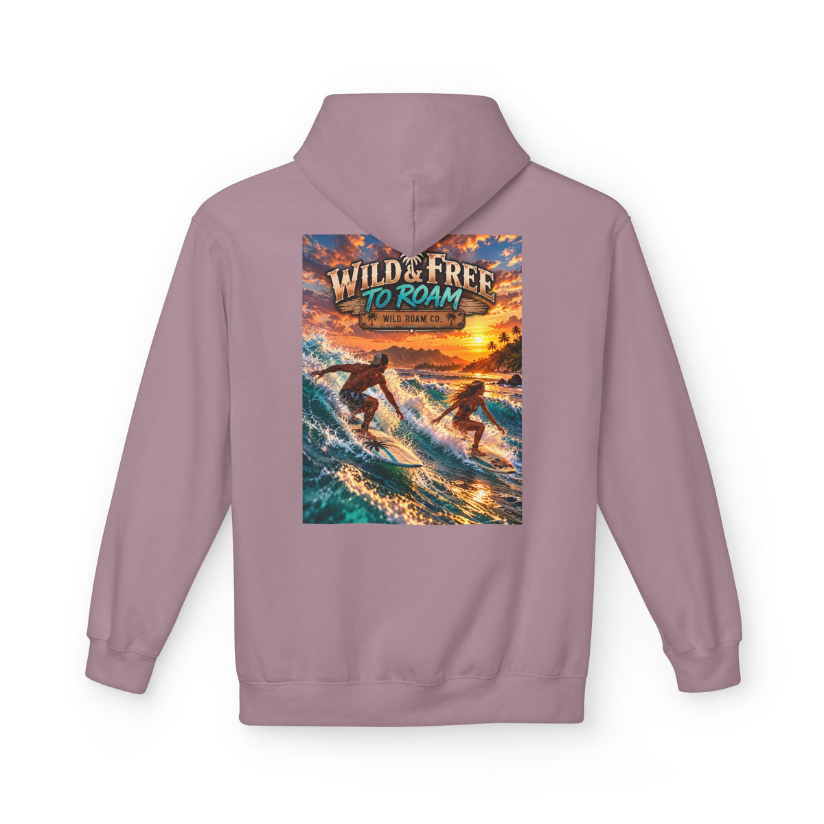 Surf Adventure Hoodie — "Wild & Free to Roam" Sunset Surf Graphic