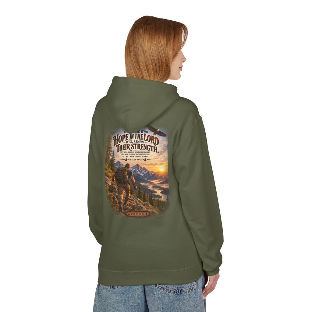 Men's Hope in the Lord Hiking Hoodie — Wild Roam Co. Sunset Mountain Faith Pullover