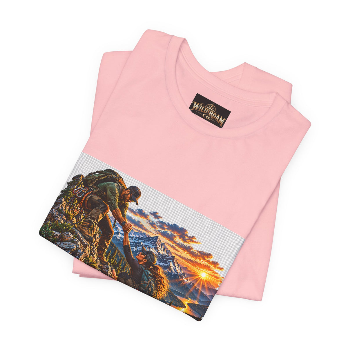 Couple Helping Hand Graphic Tee — Wild Roam Co. Mountain Climber Sunset T‑Shirt