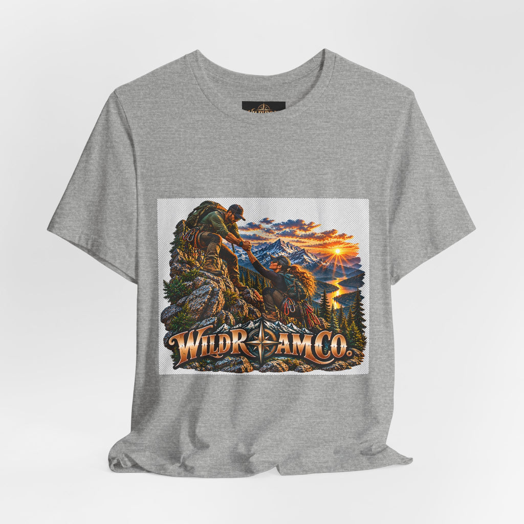 Couple Helping Hand Graphic Tee — Wild Roam Co. Mountain Climber Sunset T‑Shirt