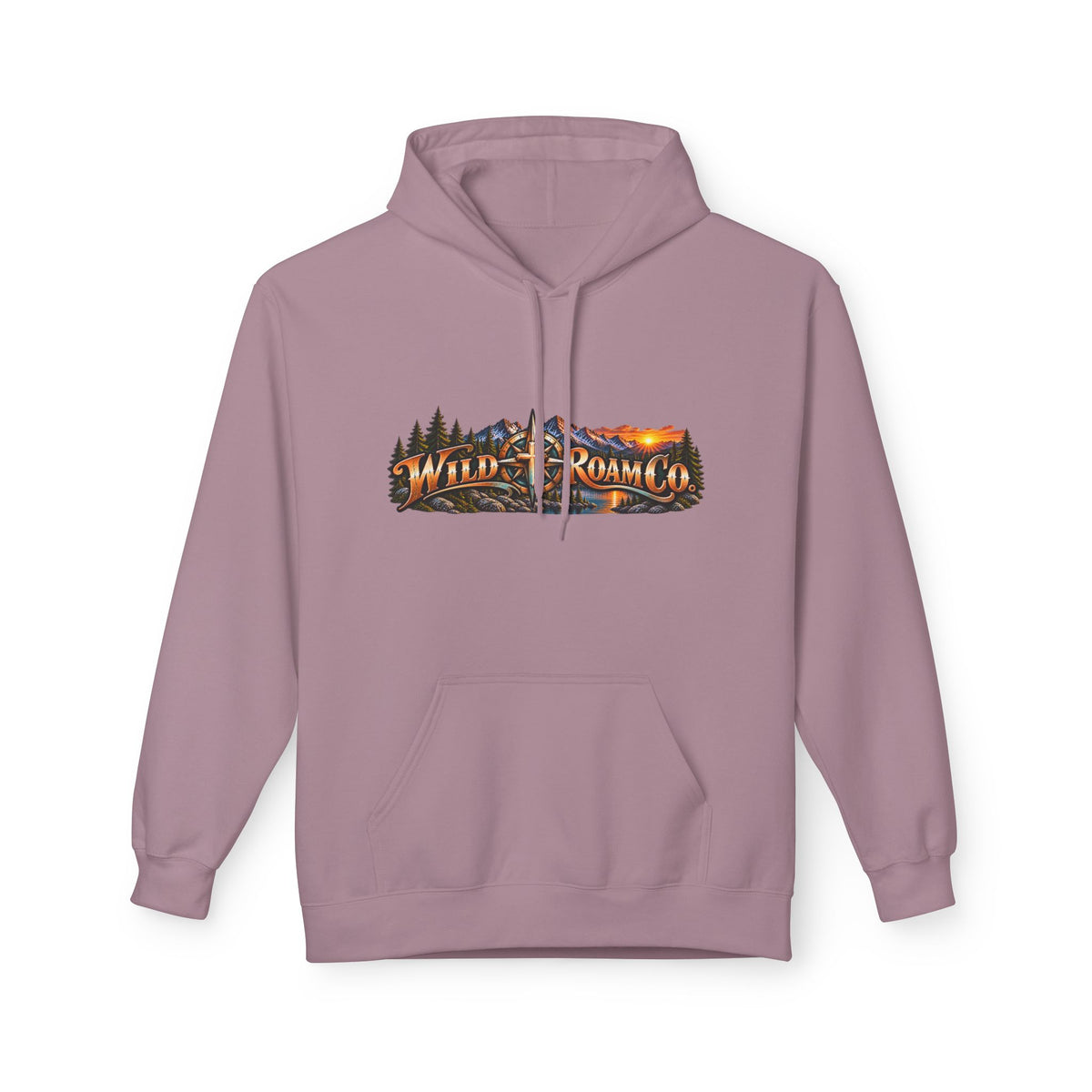 Wild Roam Co. Scenic Adventure Hoodie — "Wild Roam" Mountain & Lake Graphic