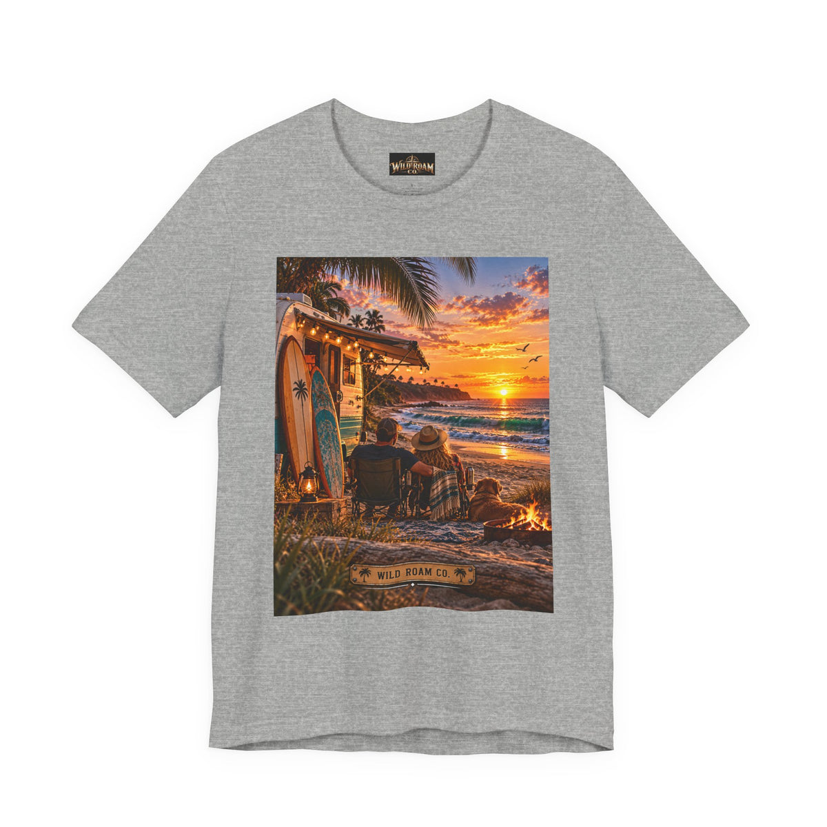 Sunset Surf Camp Tee — Beach Sunset Couple Graphic T-Shirt