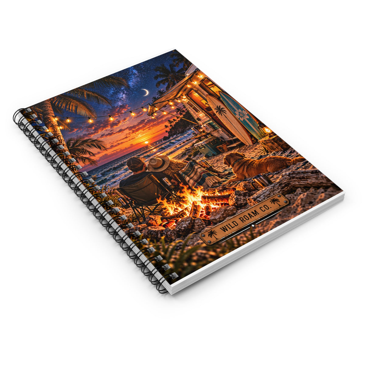 Beach Campfire Spiral Notebook — Sunset Surf & Starlit Vibes