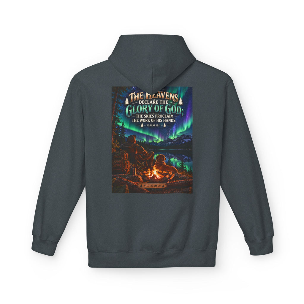 Men's Wilderness Campfire Hoodie — "The Heavens Declare" Scenic Christian Adventure Pullover