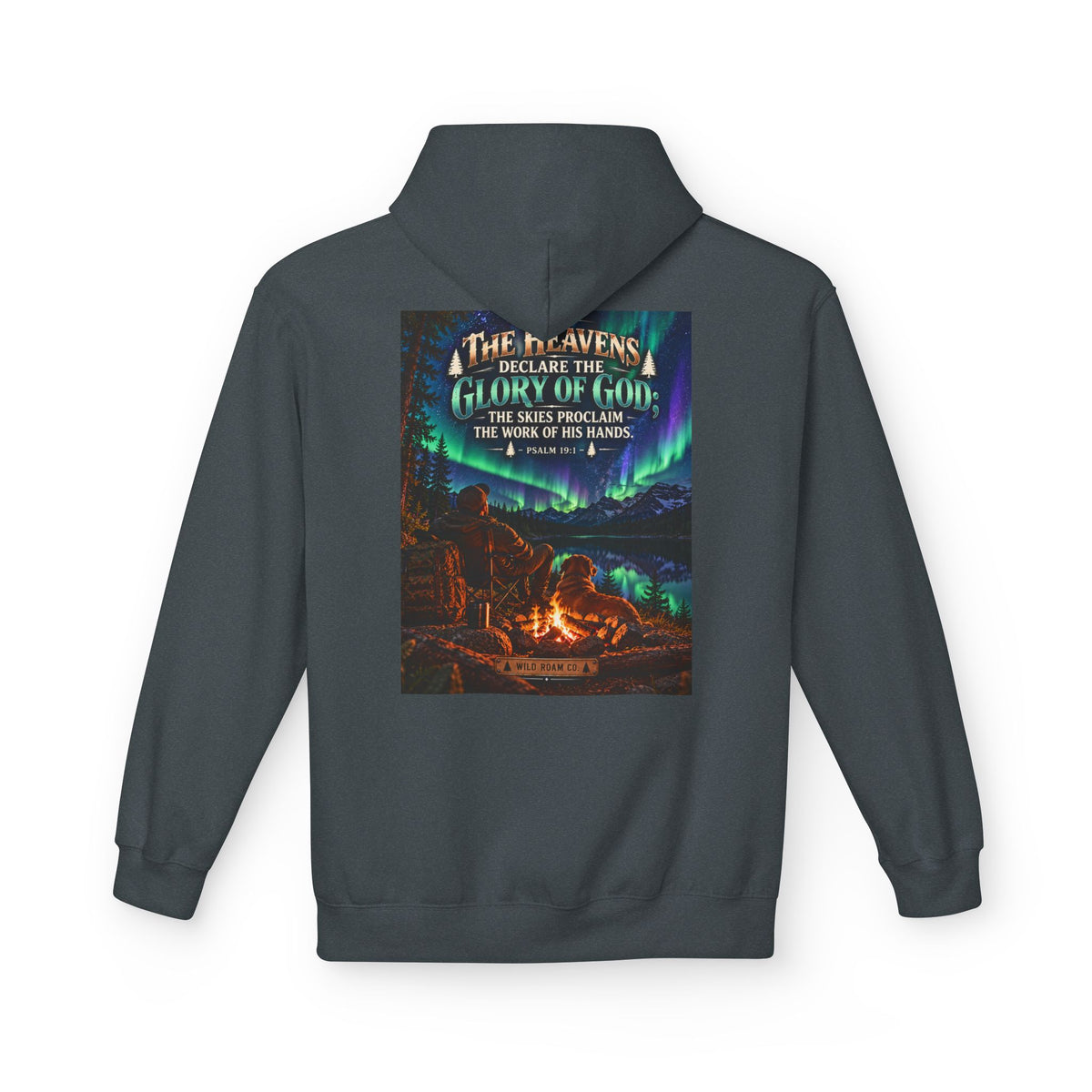 Men's Wilderness Campfire Hoodie — "The Heavens Declare" Scenic Christian Adventure Pullover