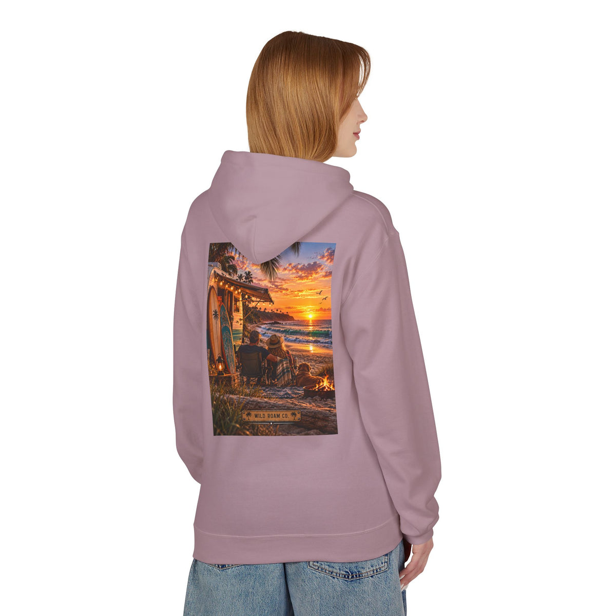 Wild Roam Co Hoodie--Surf Sunset Graphic Hoodie (Beach Sunset Surf Shack Design)