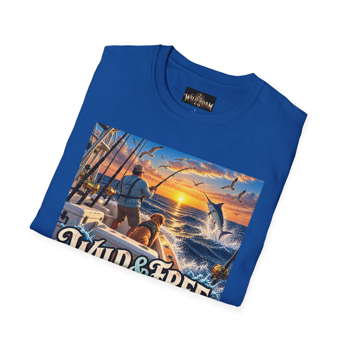 Wild & Free to Roam Fishing T-Shirt — Ocean Sunset Angler Tee