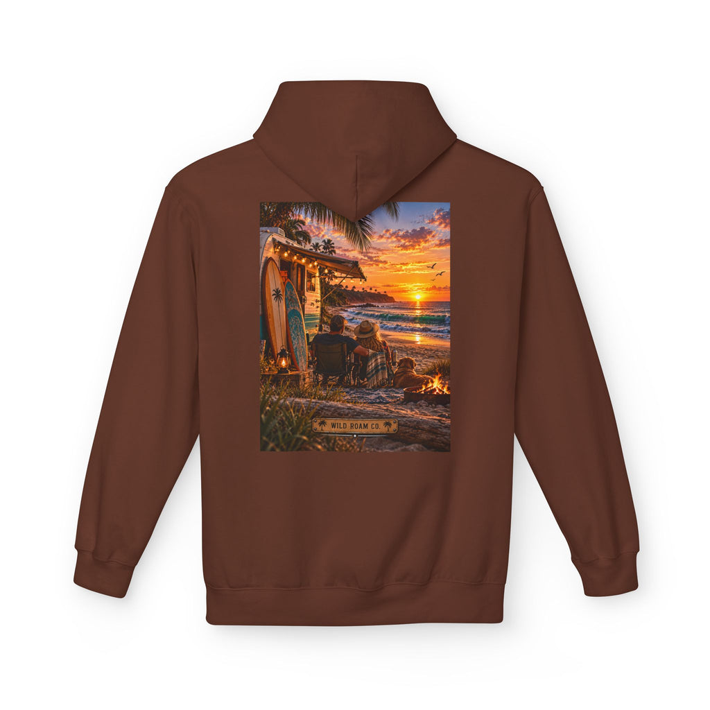 Wild Roam Co Hoodie--Surf Sunset Graphic Hoodie (Beach Sunset Surf Shack Design)