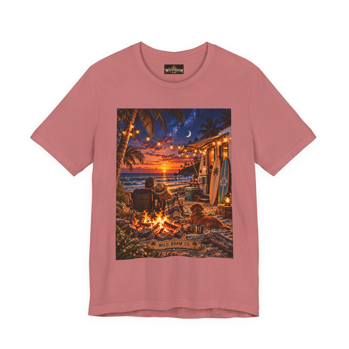 Beach Bonfire Sunset T-Shirt — Surfboard Campfire Coastal Graphic Tee