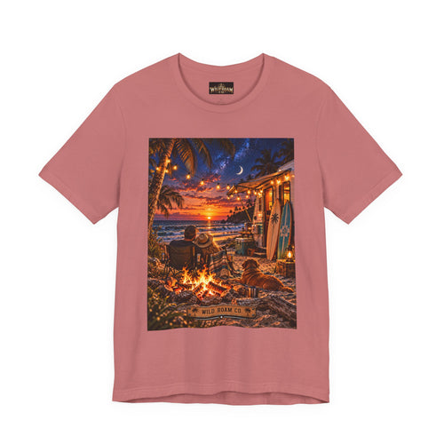 Beach Bonfire Sunset T-Shirt — Surfboard Campfire Coastal Graphic Tee