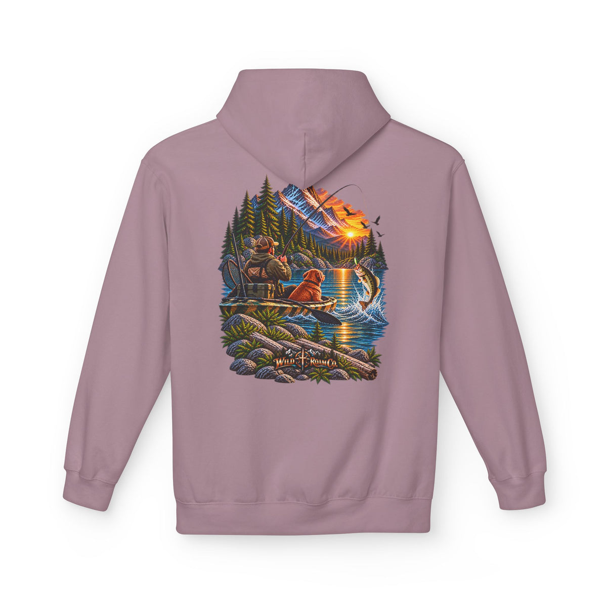 Wild Roam Co. Scenic Adventure Hoodie — "Wild Roam" Mountain & Lake Graphic
