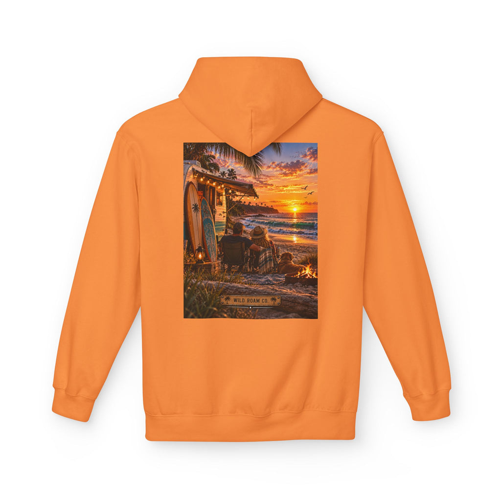 Wild Roam Co Hoodie--Surf Sunset Graphic Hoodie (Beach Sunset Surf Shack Design)