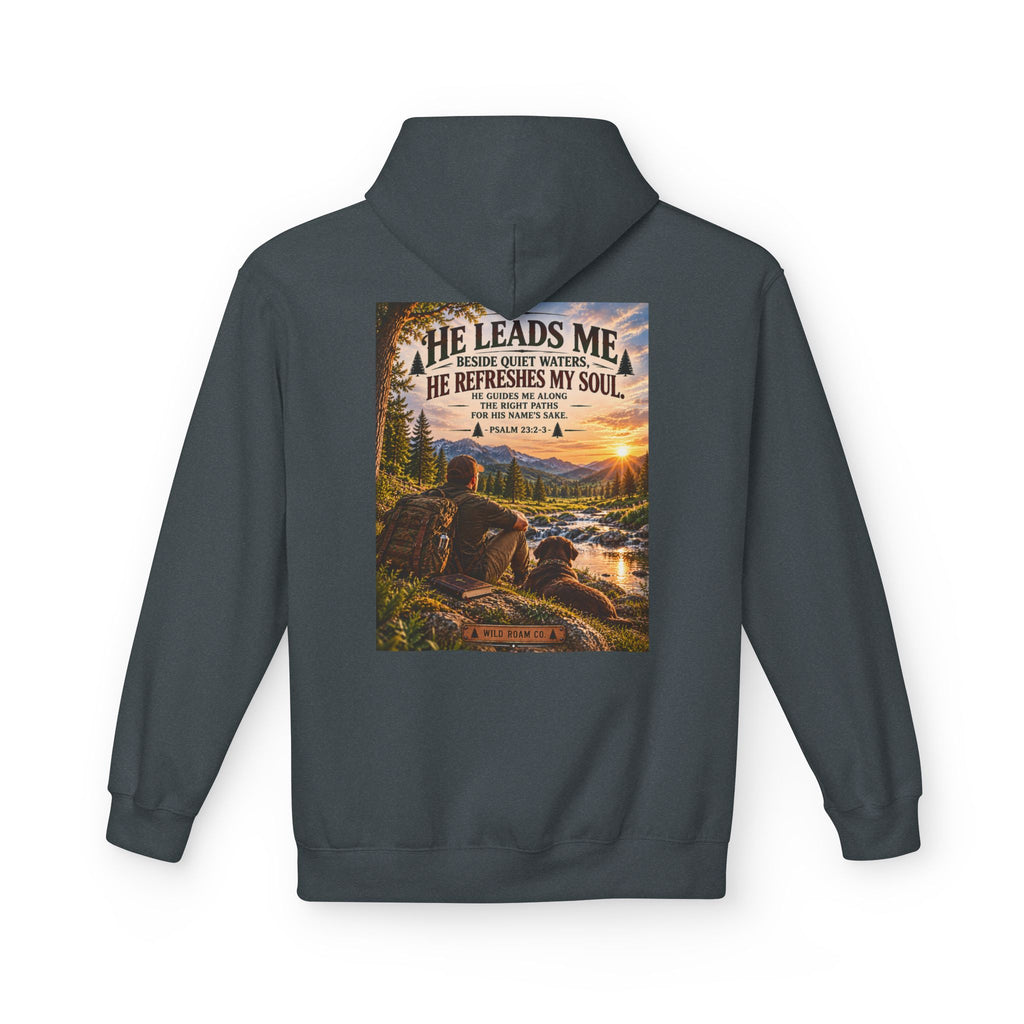 Men's Hoodie — "He Leads Me" Scenic Christian Outdoors Hoodie