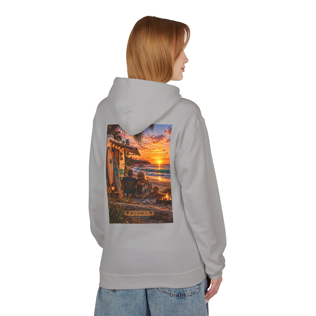 Wild Roam Co Hoodie--Surf Sunset Graphic Hoodie (Beach Sunset Surf Shack Design)