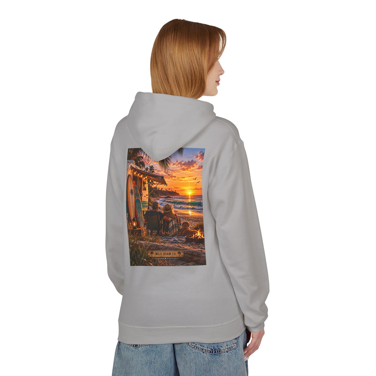 Wild Roam Co Hoodie--Surf Sunset Graphic Hoodie (Beach Sunset Surf Shack Design)