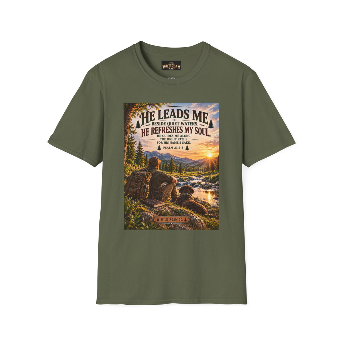 Men's He Leads Me Psalm 23 Scenic T-Shirt — Christian Faith Outdoors Graphic Tee