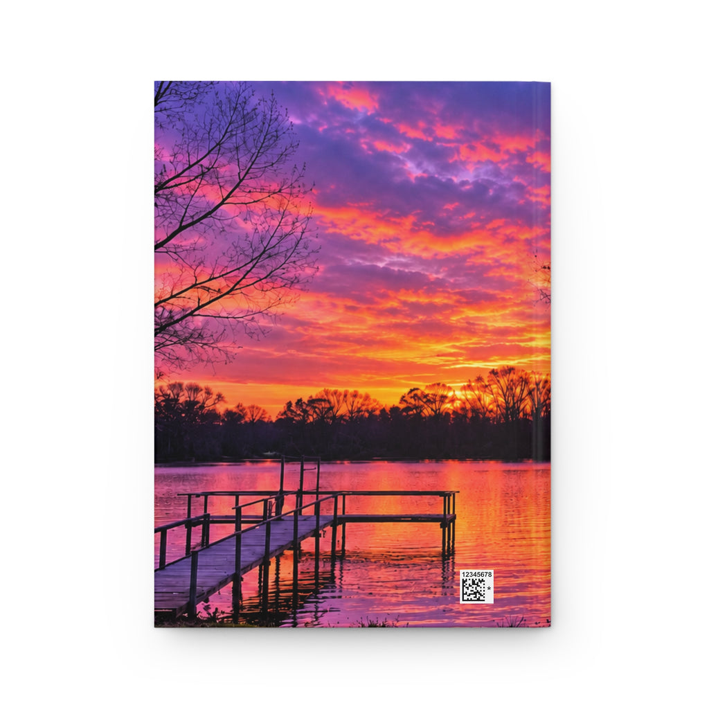 Sunset Lake Hardcover Journal — Lined Matte Notebook with Vibrant Purple & Orange Sky