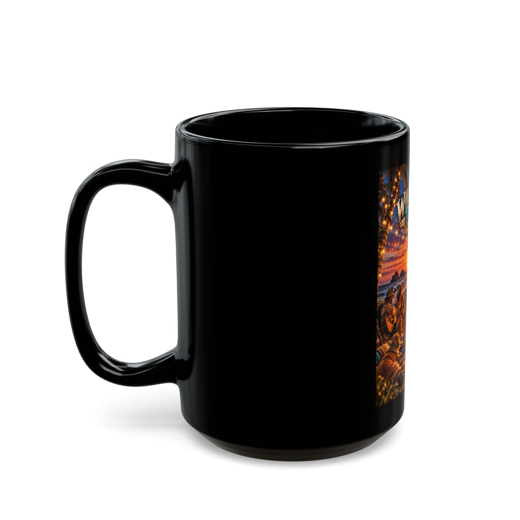 Wild & Free to Roam Black Mug — Tropical Sunset Beach Camp Coffee Cup (11oz/15oz)