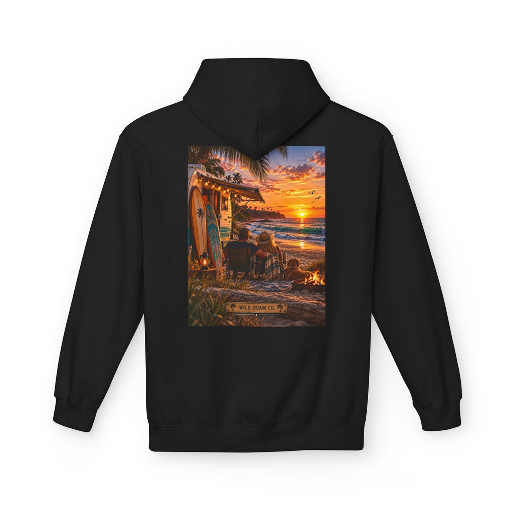 Wild Roam Co Hoodie--Surf Sunset Graphic Hoodie (Beach Sunset Surf Shack Design)
