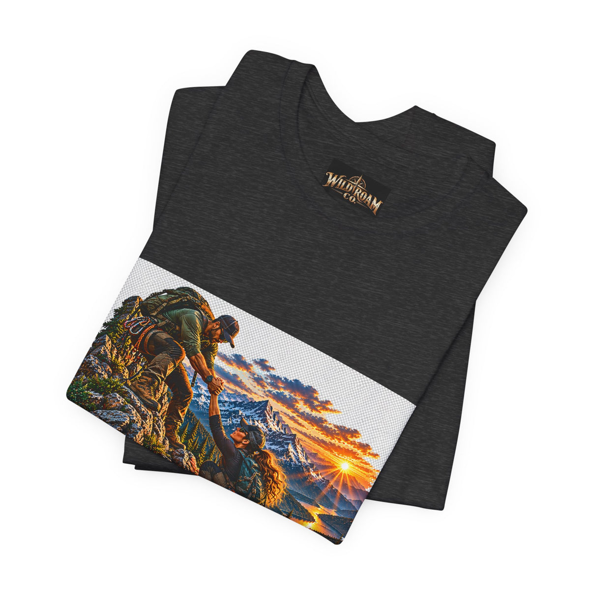 Couple Helping Hand Graphic Tee — Wild Roam Co. Mountain Climber Sunset T‑Shirt
