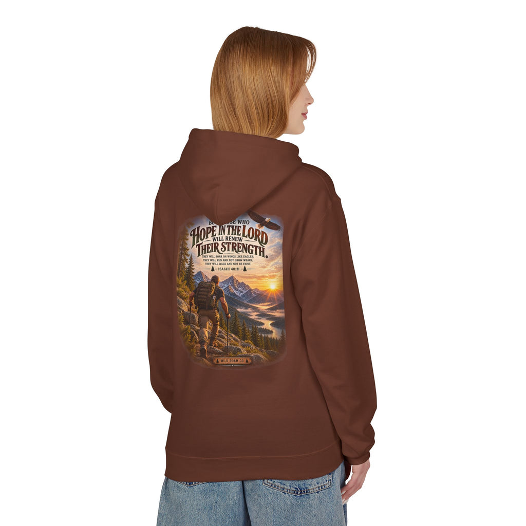 Men's Hope in the Lord Hiking Hoodie — Wild Roam Co. Sunset Mountain Faith Pullover