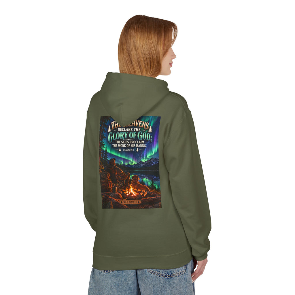 Men's Wilderness Campfire Hoodie — "The Heavens Declare" Scenic Christian Adventure Pullover