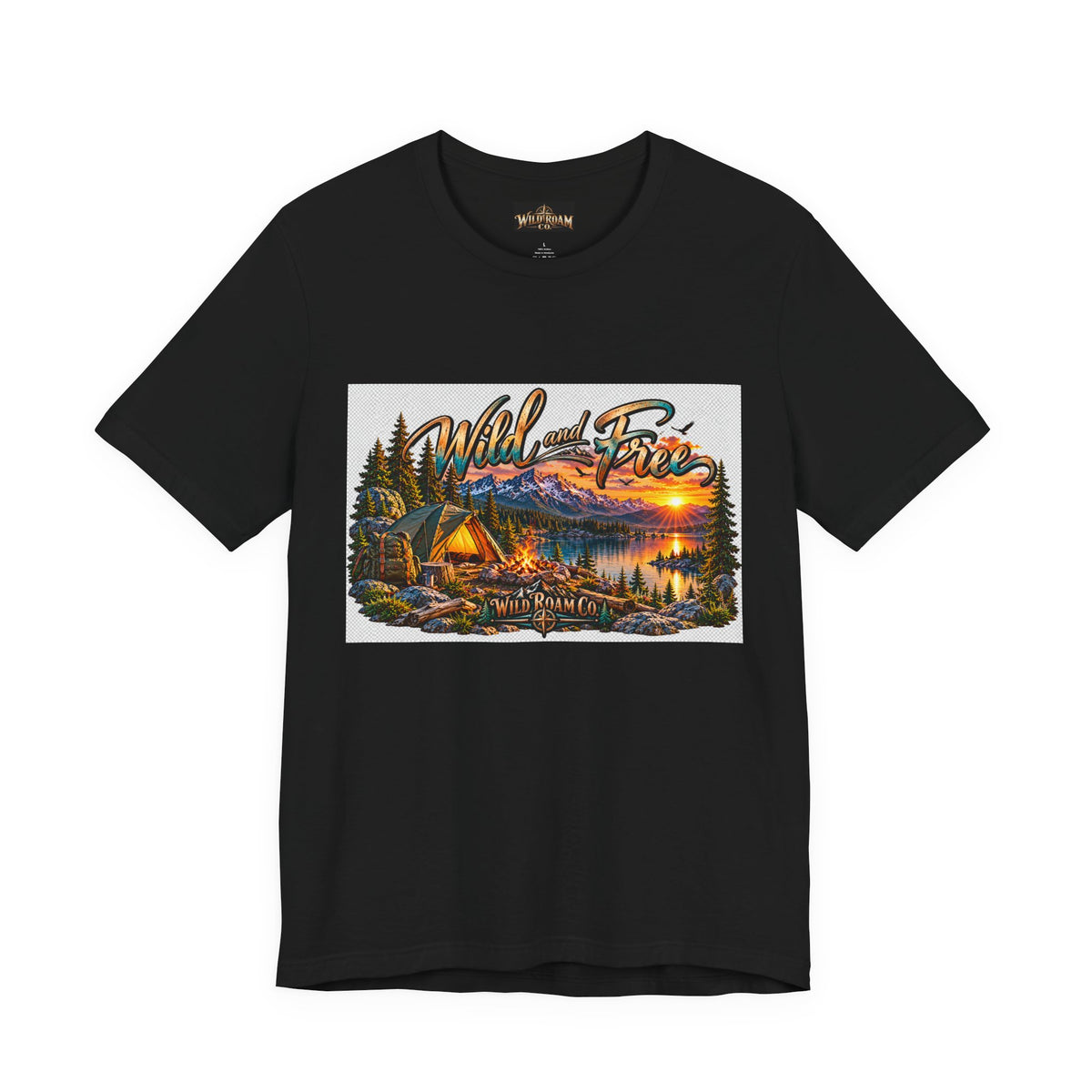 Wild and Free Camping T-Shirt — Mountain Lake Sunset Graphic Tee