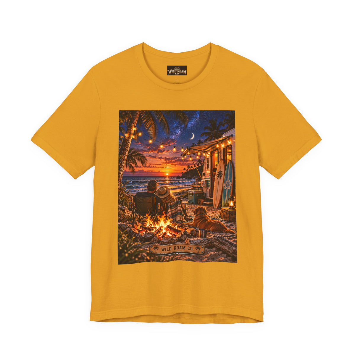Beach Bonfire Sunset T-Shirt — Surfboard Campfire Coastal Graphic Tee