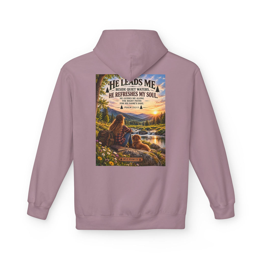 Women's Wild Roam Co. Scenic Hoodie — "He Leads Me Beside Quiet Waters" Inspirational Nature Pullover