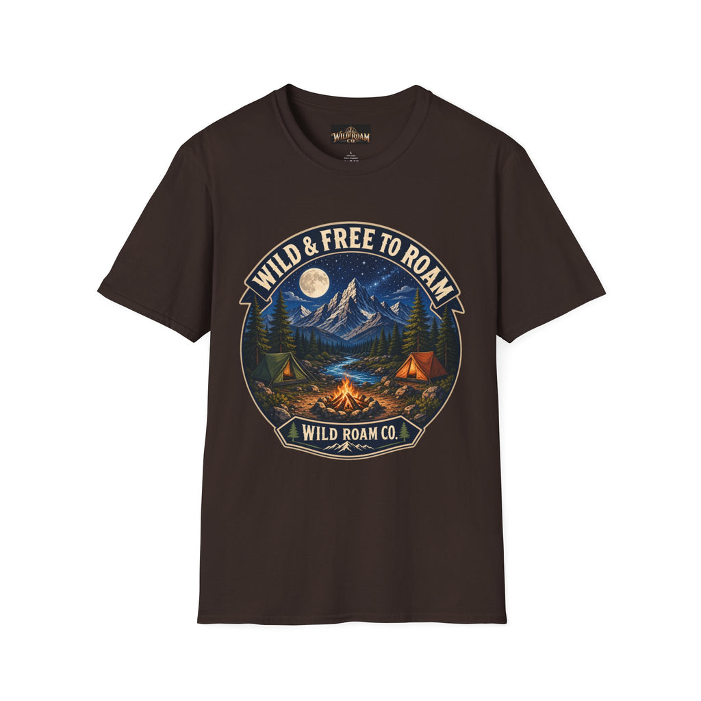 Camping T-Shirt — "Wild & Free to Roam" Mountain Campfire Graphic