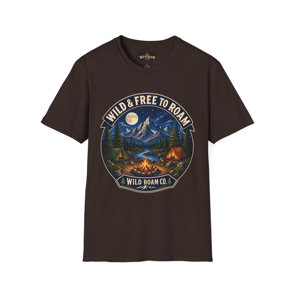 Camping T-Shirt — "Wild & Free to Roam" Mountain Campfire Graphic