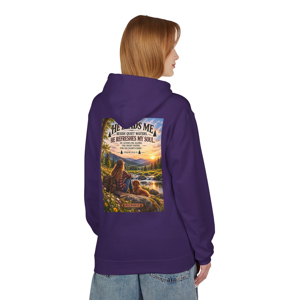 Women's Wild Roam Co. Scenic Hoodie — "He Leads Me Beside Quiet Waters" Inspirational Nature Pullover